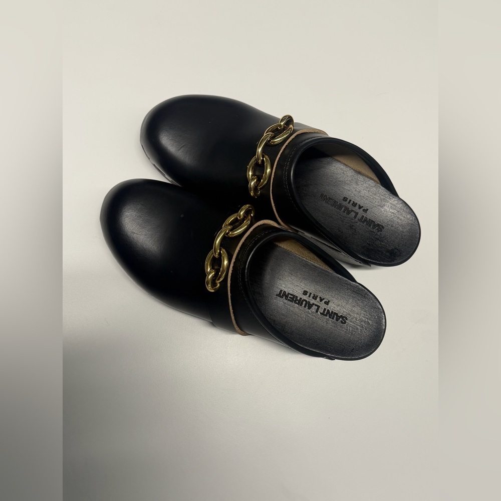 Saint Laurent Black Mules with Gold Chain